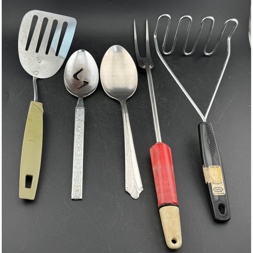 Vintage Kitchen Utensil Lot: Foley Masher, Ekco Spatula, Ekcoline Spoon Fork 5pc
